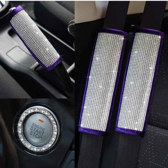 2 purple bling rhinestone seat Belt, handbrake covers & ignition ring set. - Picture 1 of 2